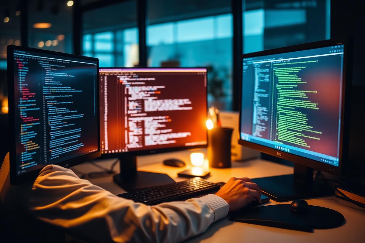 Software engineer reviewing pull requests at a workstation